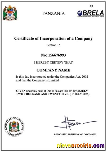 Tanzia certificate of company incorporation